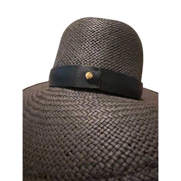 Janessa Leone Black Straw Hat Wide Brim Fedora Sz. Small - Picture 4 of 10